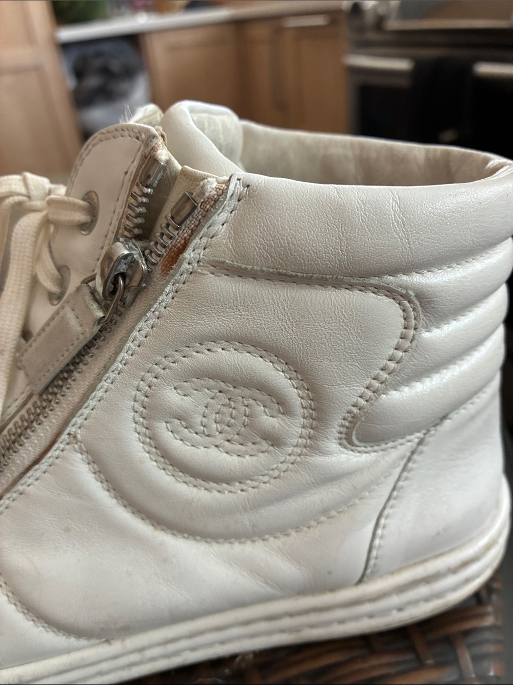 CHANEL Women's White Leather High-Top Sneakers